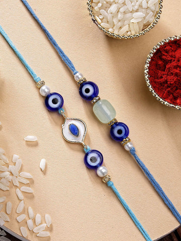 KARATCART Set of 2 Blue Evil Eye Green Bead Handmade Kundan Rakhi for Brother with Roli & Chawal