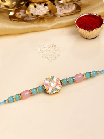 KARATCART Gold Plated Light Blue and Pink Kundan Bhaiya Rakhi with Roli & Chawal