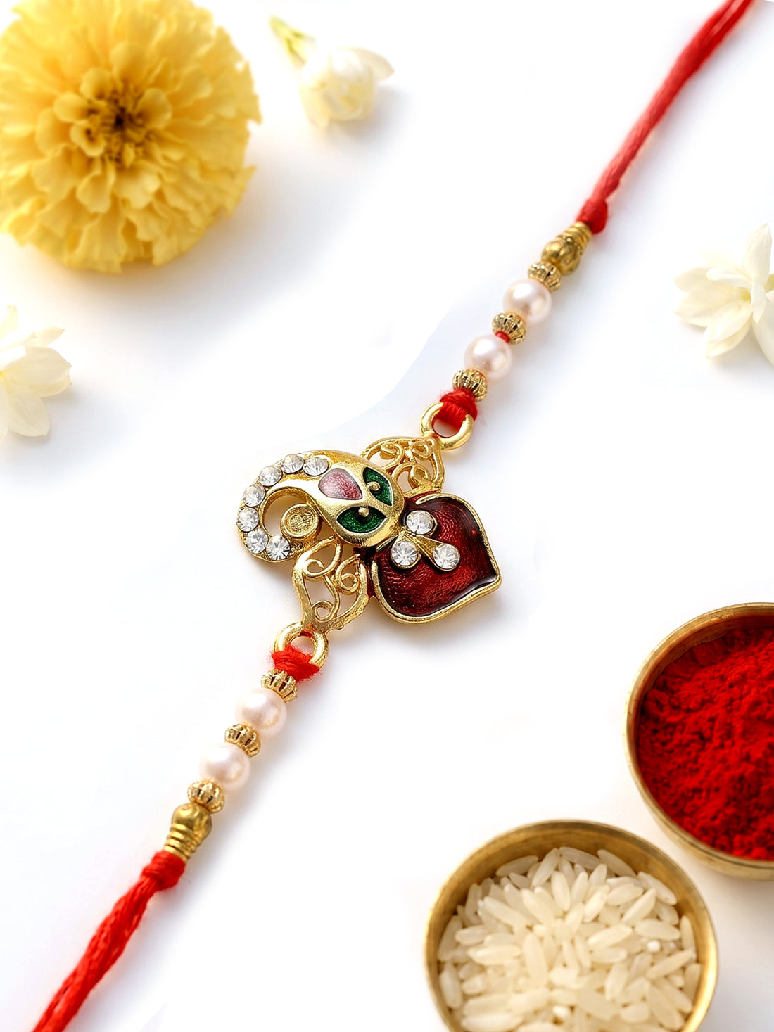 KARATCART Designer Lord Ganesha Design Meenakari Handmade Kundan Rakhi for Brother with Roli Chawal