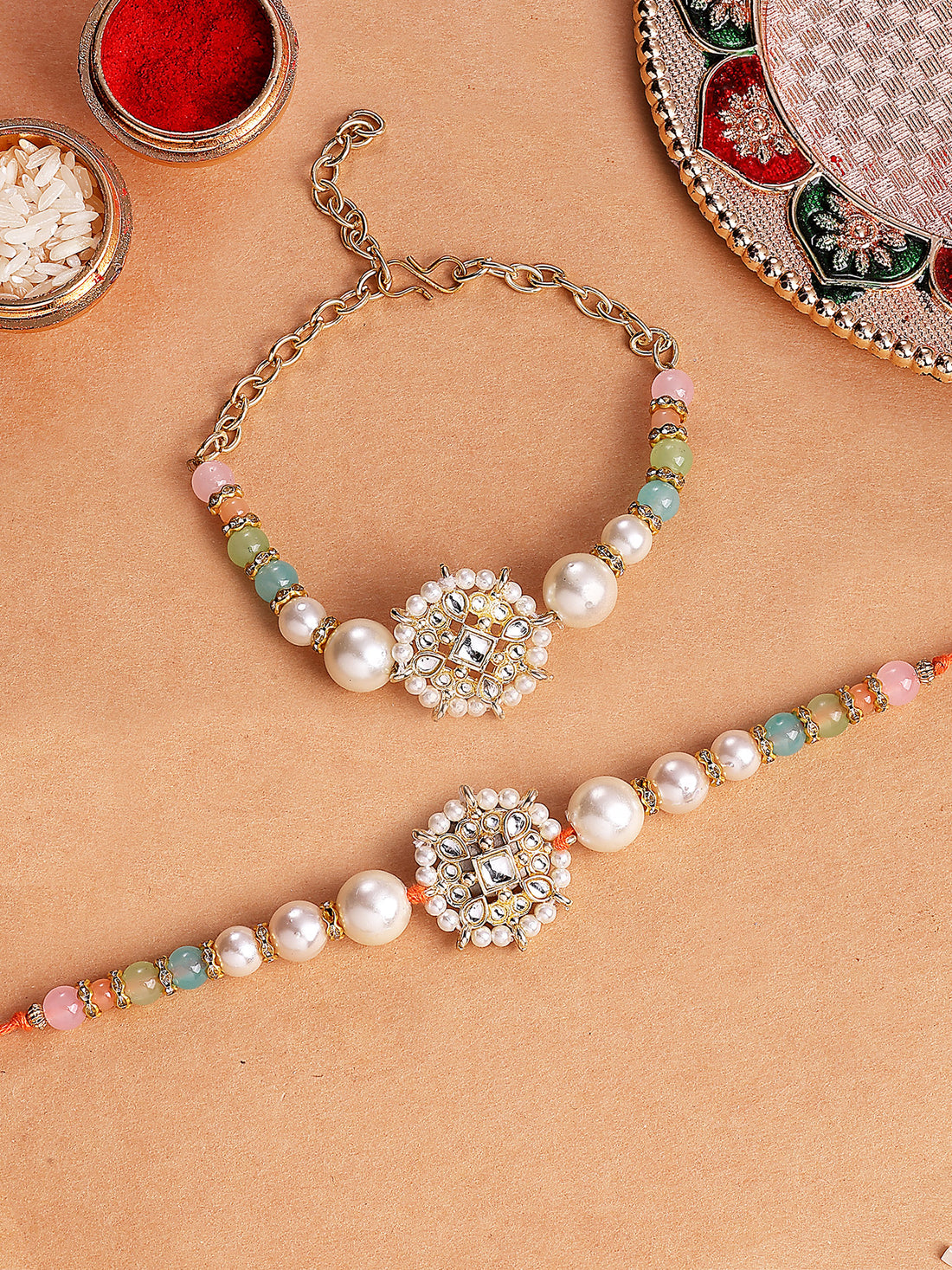 Karatcart Gold Plated Multicolor Beads Floral Kundan Bhiya Bhabhi Rakhi with Roli & Chawal