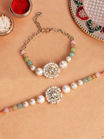 KARATCART Gold Plated Multicolor Beads Floral Kundan Bhaiya Bhabhi Rakhi with Roli & Chawal