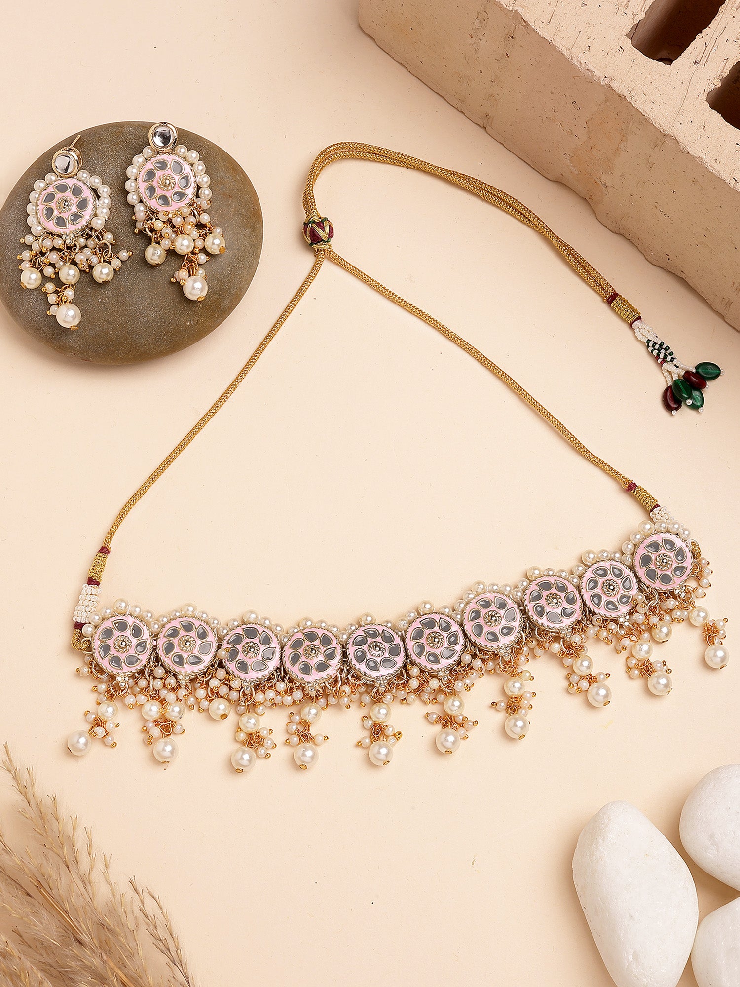 Karatcart Gold Plated Pink & Grey Meena Kundan Choker Necklace Set for Women