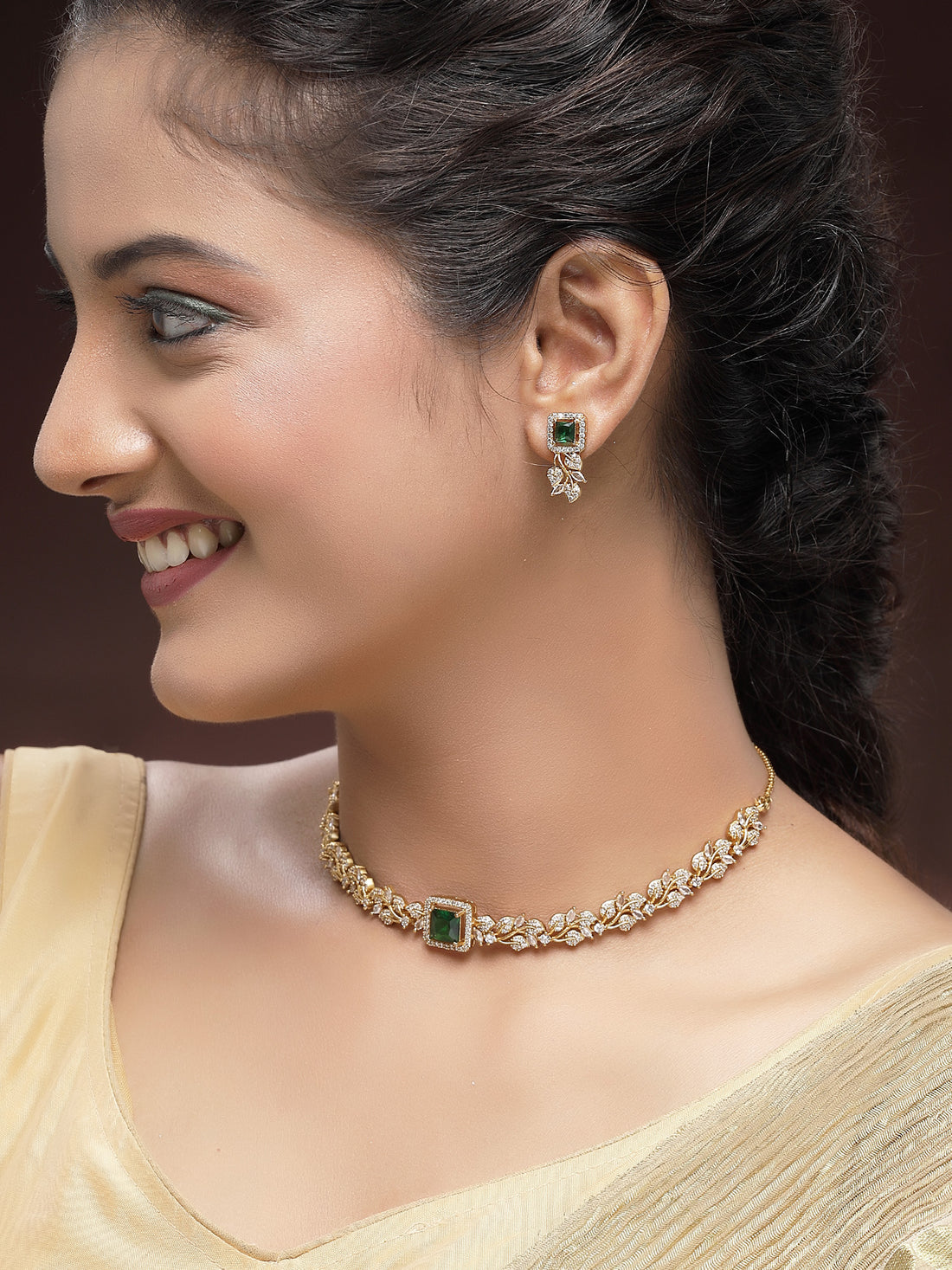 KARATCART Designer Floral Vine Design Green American Diamond Jewellery Set for Women