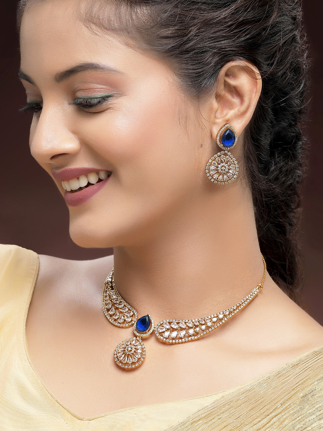 KARATCART Traditional Gold-Plated Blue American Diamond Jewellery Set for Women