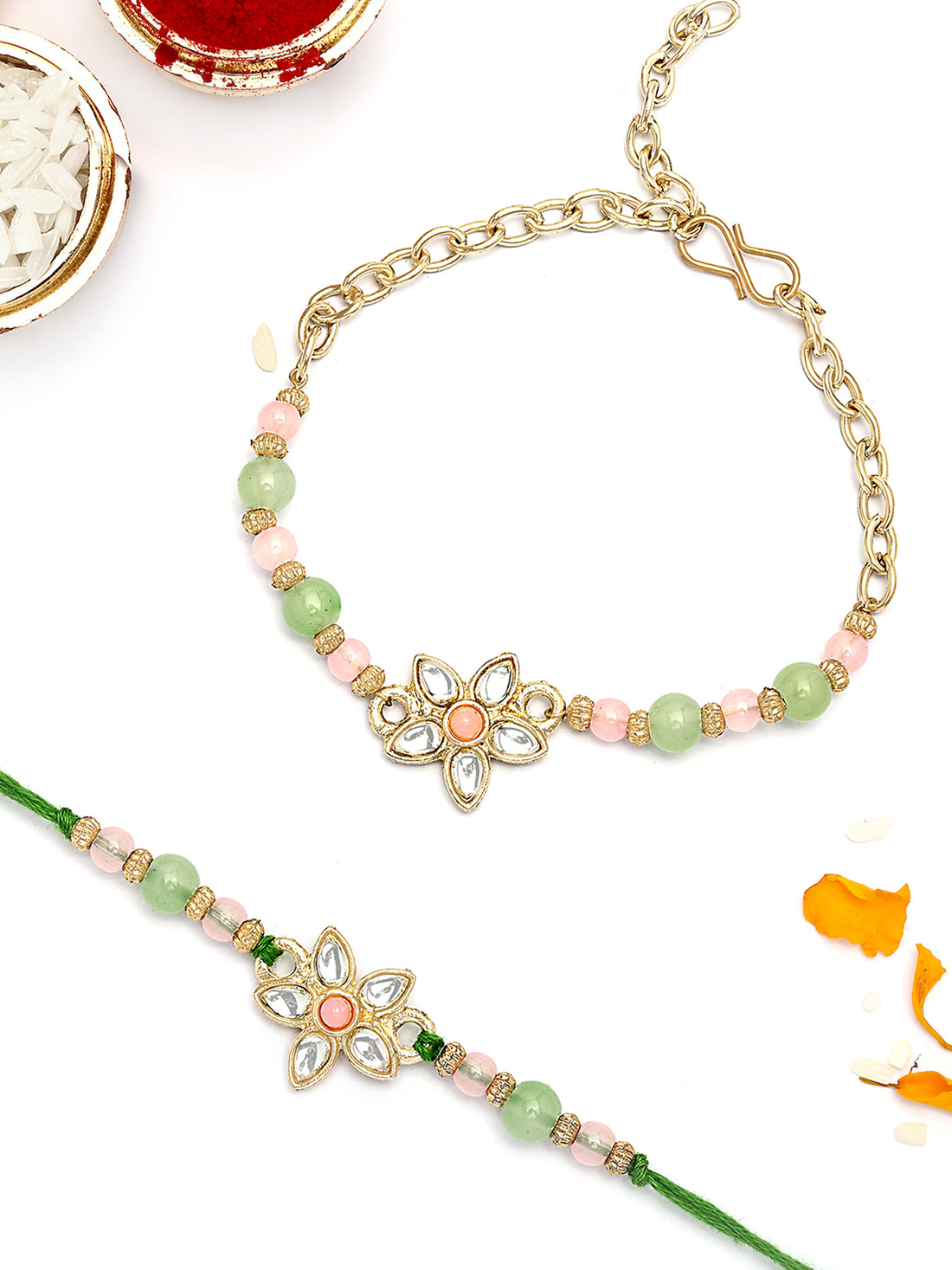 KARATCART Gold Plated Pink and Lime Green Floral Kundan Bhaiya Bhabhi Rakhi with Roli & Chawal