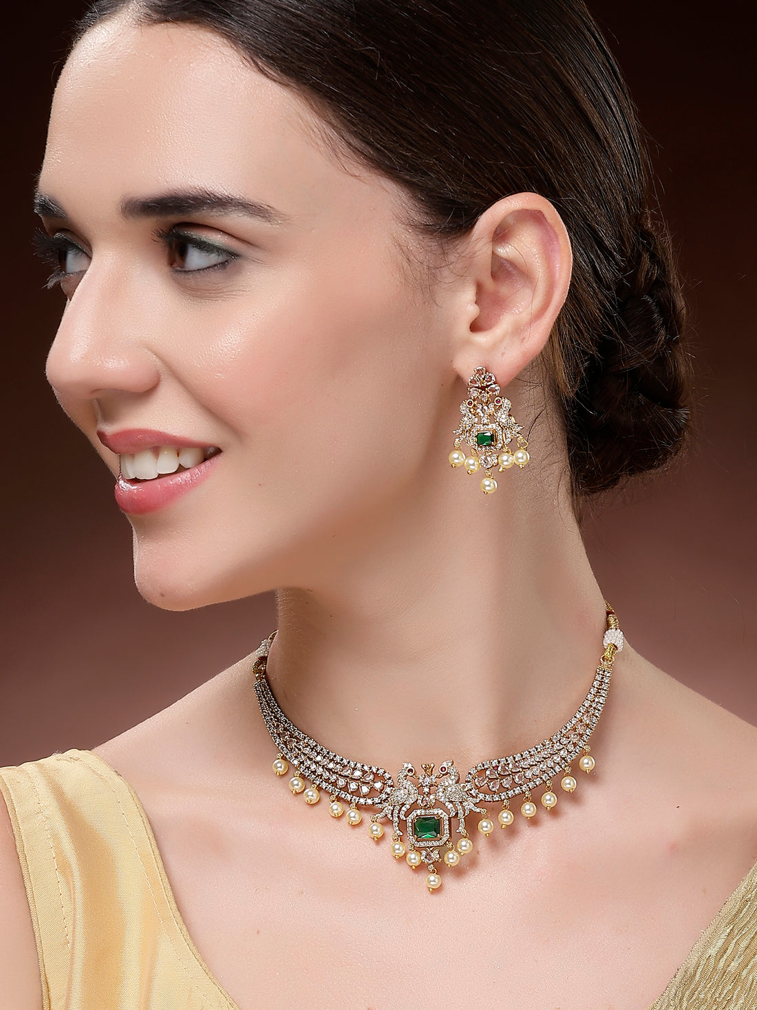 Karatcart Karatcart Royal Green American Diamond Temple Jewellery Set for Women