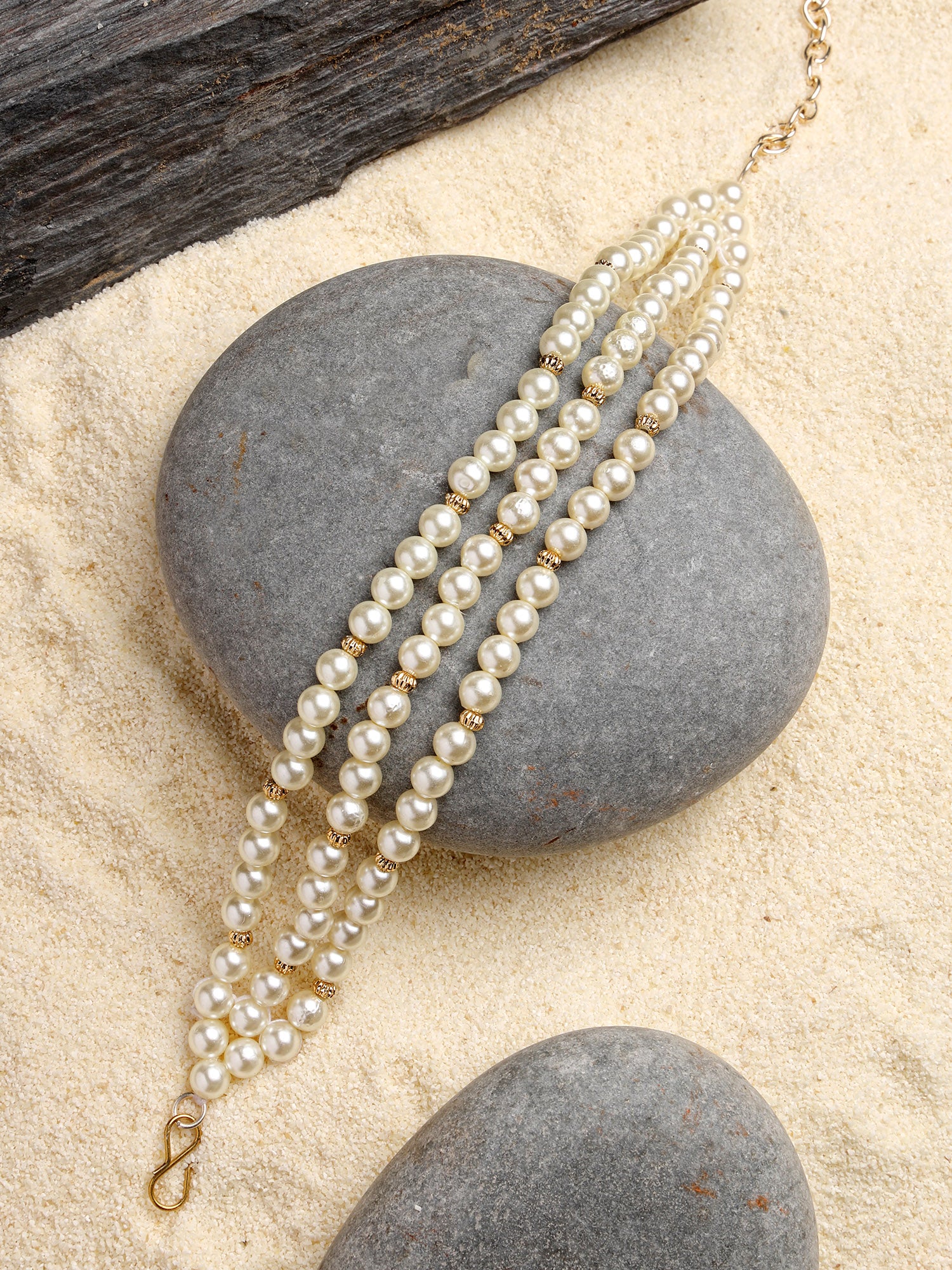 Karatcart Elegant Triple Layer Pearl Anklet with Gold Accents for Women