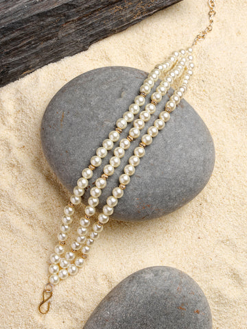 Karatcart Elegant Triple Layer Pearl Anklet with Gold Accents for Women