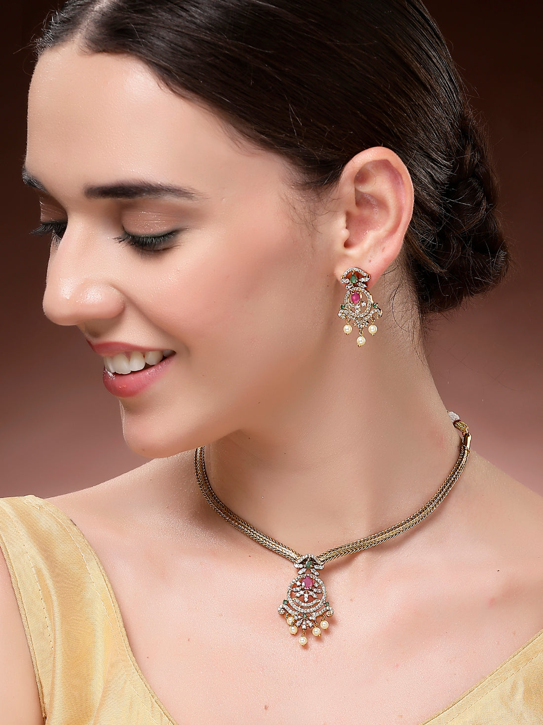 Karatcart Elegant Pink Stone Floral Design Gold Plated Necklace Set for Women