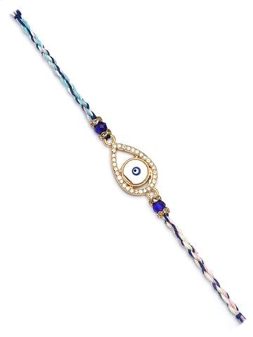 Karatcart Gold Plated White American Diamond Drop Shape Evil Eye Bhiya Rakhi with Roli & Chawal
