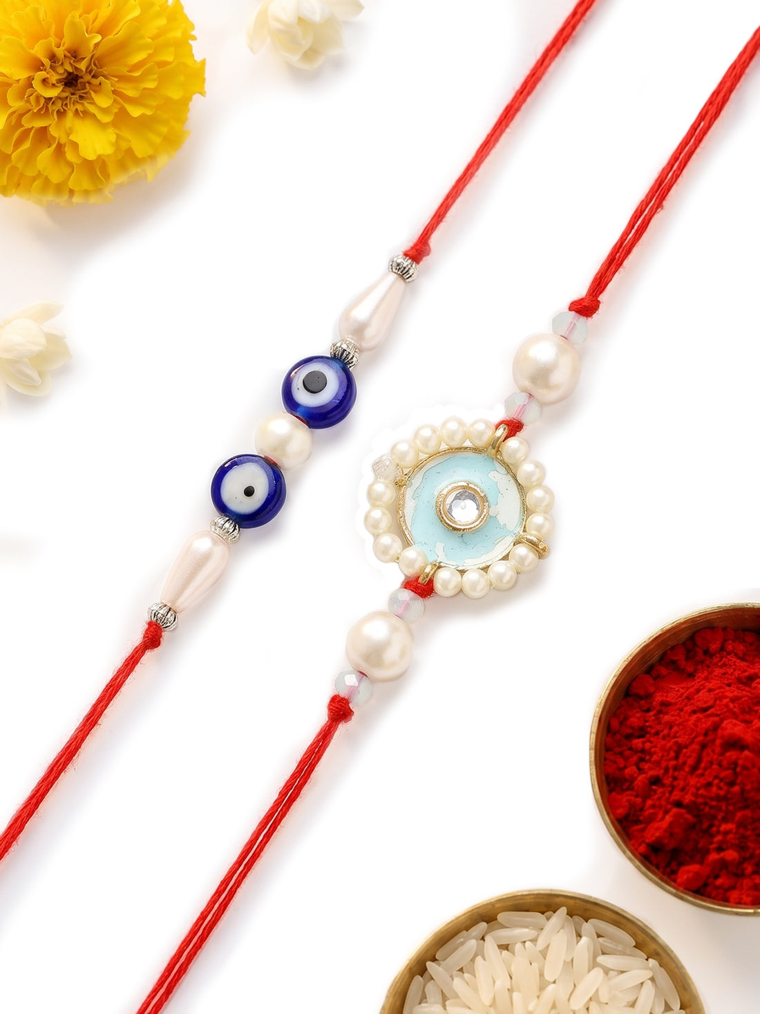 KARATCART Set of 2 Blue Evil Eye Handmade Kundan Rakhi for Brother with Roli and Chawal