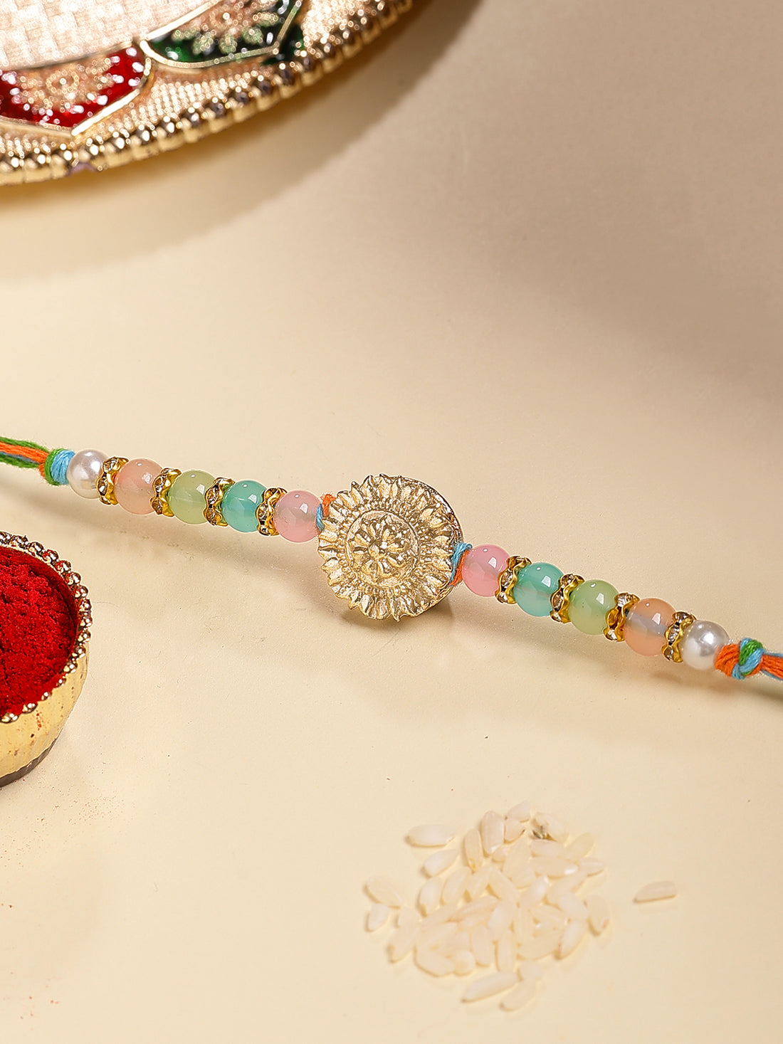 Karatcart Gold Plated Multicolor Beads Kundan Bhiya Rakhi with Roli & Chawal