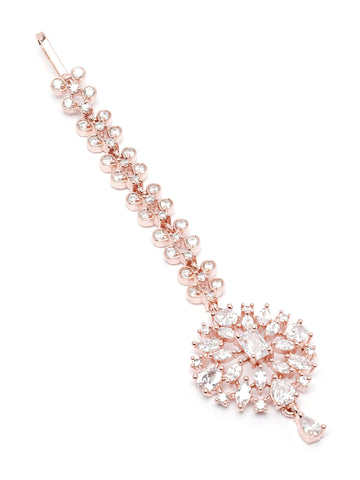 Karatcart Rose Gold Plated Round Floral Design American Diamond Maangtikka for Women