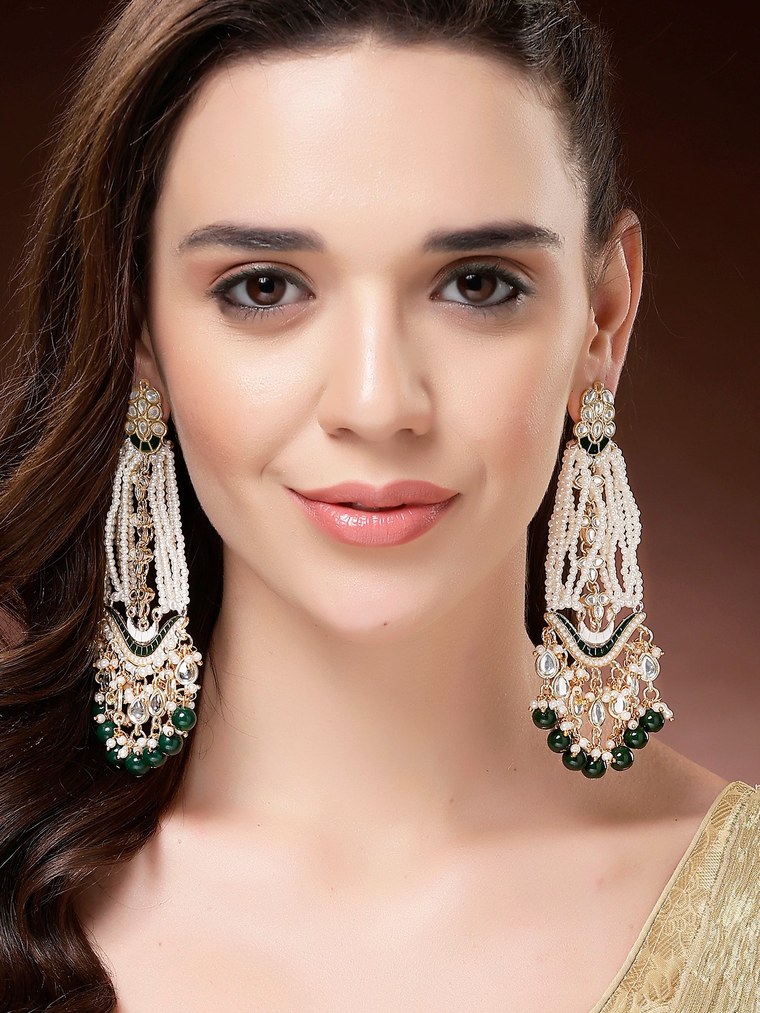 Karatcart Designer Green Beads and Pearl Gold-Plated Long Kundan Dangler Earrings for Women - view 3
