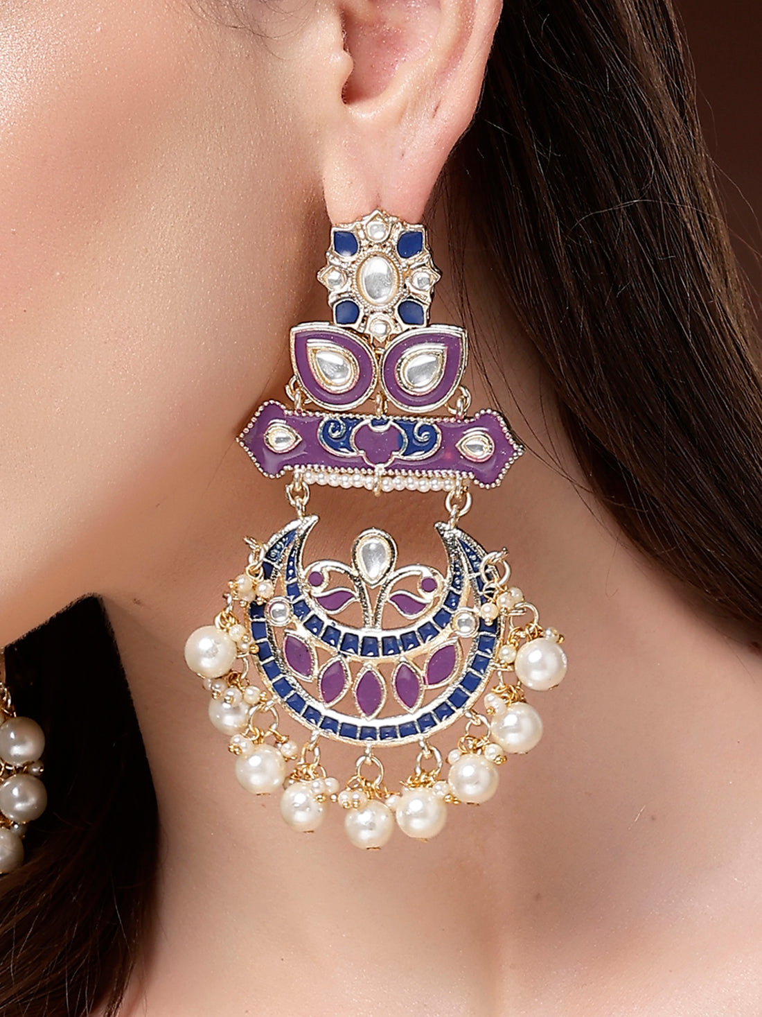 Karatcart Designer Gold-Plated Purple & Blue Meenakari Dangler Earrings with Pearls