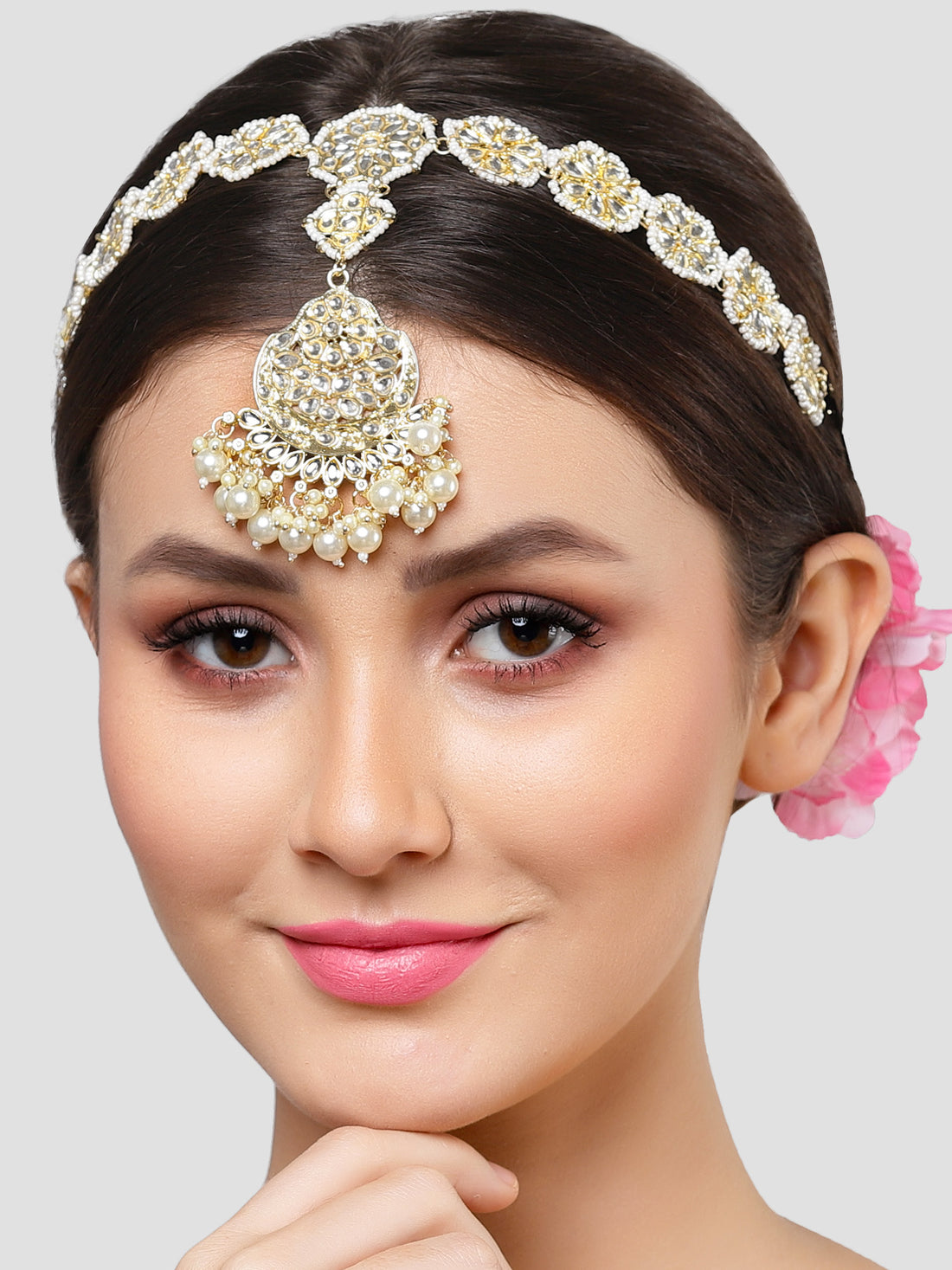 Karatcart Gold Plated Pearl Studded Kundan Sheeshphool for Women