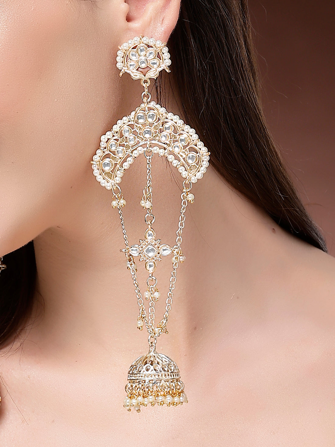 Karatcart Traditional Kashmiri Gold-Plated Kundan Long Drop Earrings with Jhumki Design for Women