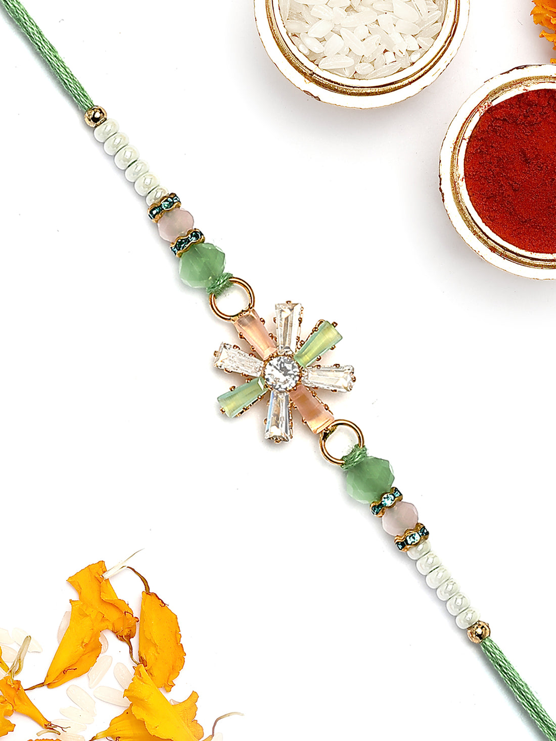 KARATCART Peach and Lime Green Rhinestones Floral Bhaiya Rakhi with Roli & Chawal