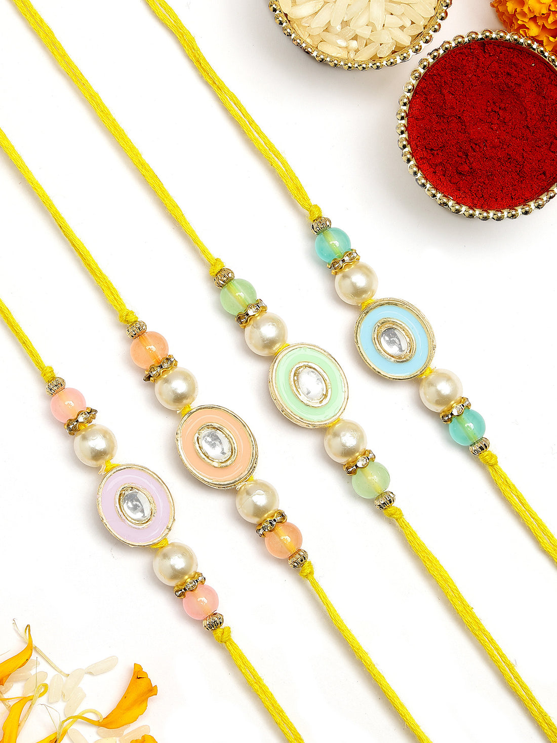 KARATCART Set of 4 Handmade Multicolor Meenakari Kundan Rakhis for Brother with Roli & Chawal