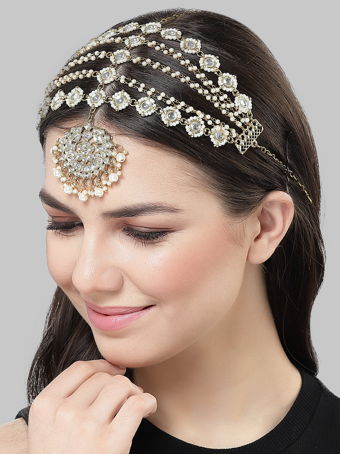 Karatcart Gold-Plated Pearl and Kundan Studded Mathapatti for Women