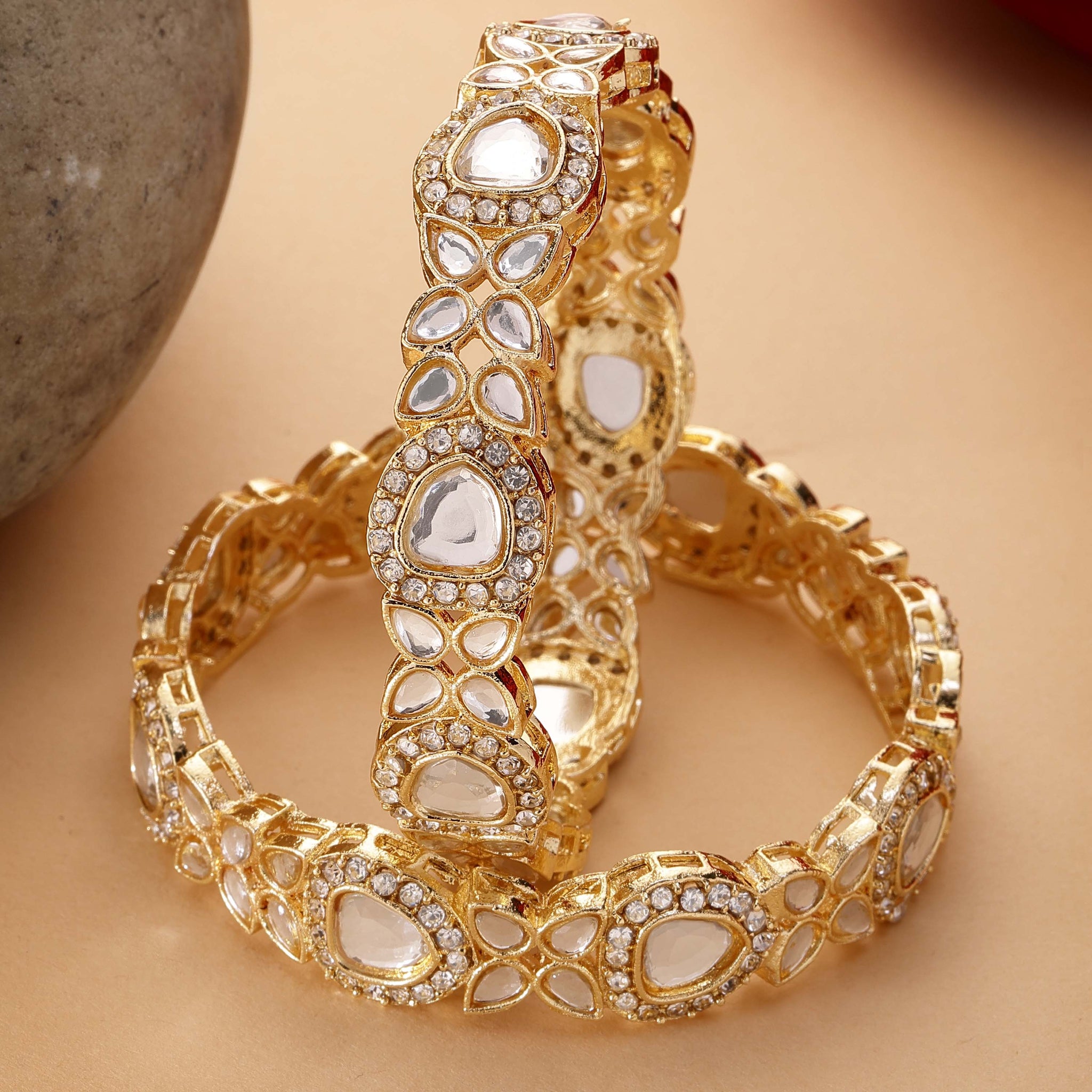 Karatcart Set of 2 Gold Plated American Diamond Studded Bangles for Women