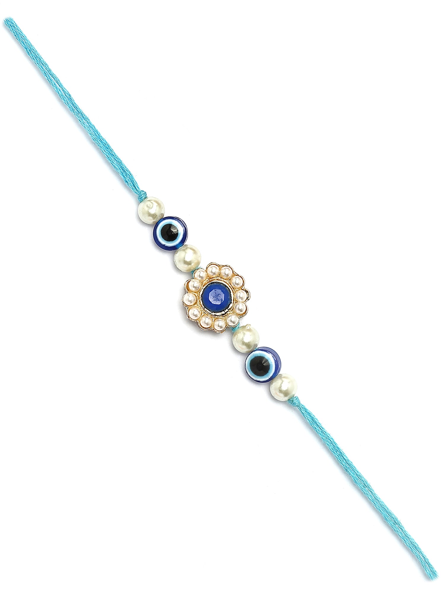 Karatcart Gold Plated Blue Evil Eye Kundan Bhiya Rakhi with Roli & Chawal
