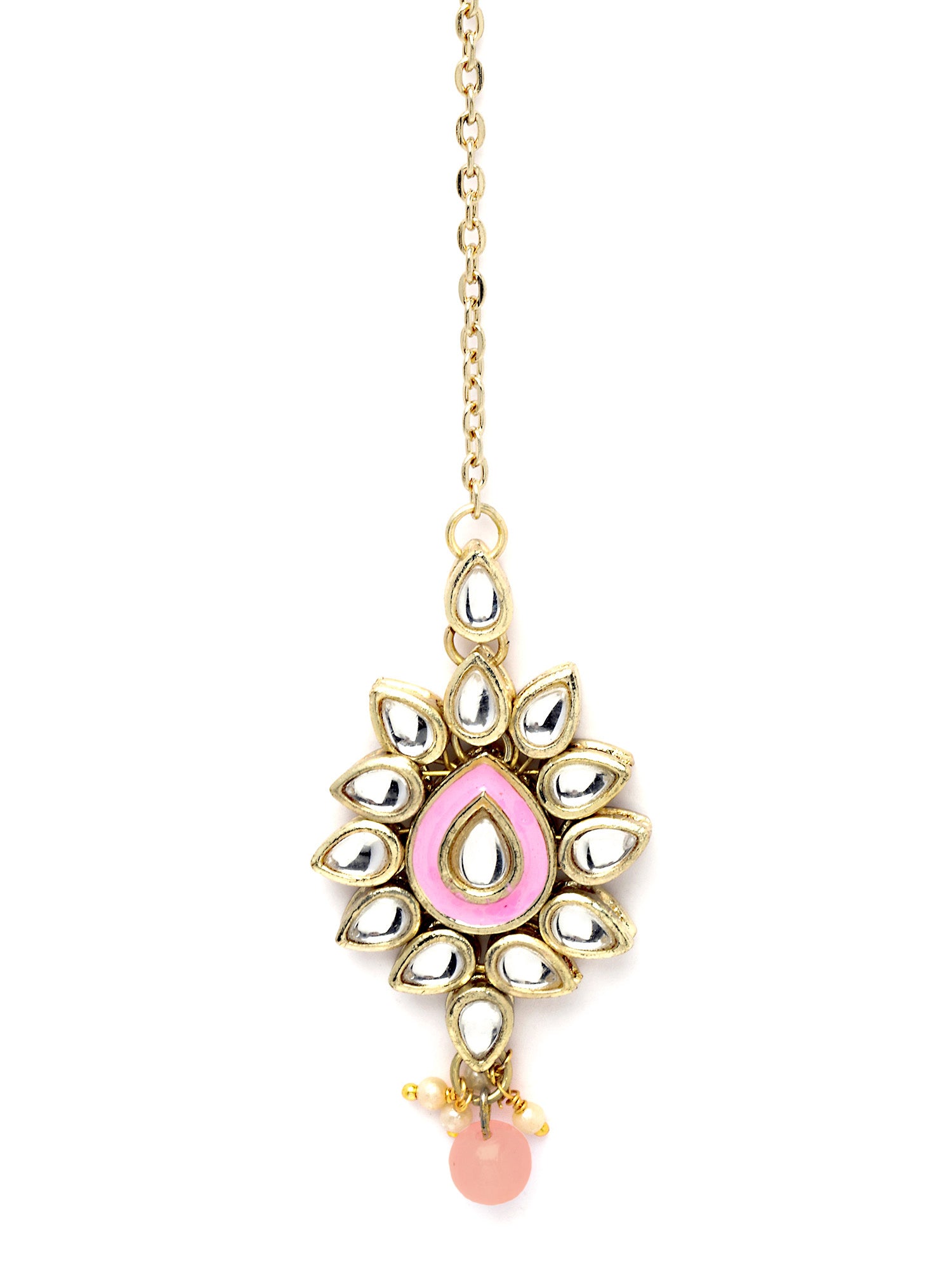 Karatcart Gold Plated Baby Pink Meena Kundan Maangtikka for Women
