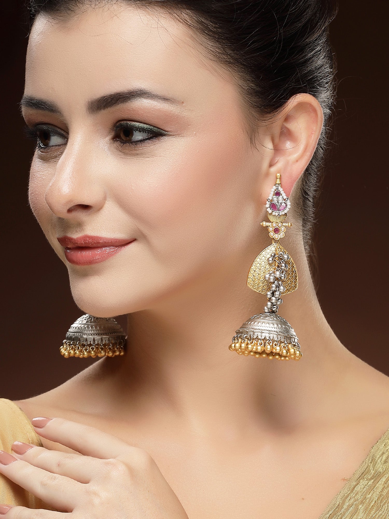 Karatcart Ethnic Gold and Silver Plated Long Dangler Jhumki Earrings for Women - view 3