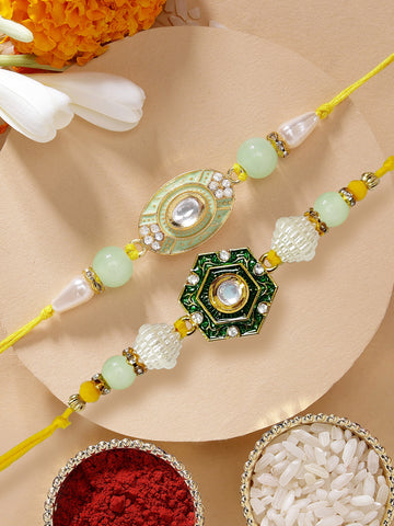 KARATCART Set of 2 Green and Lime Green Handmade Kundan Rakhi for Brother with Roli & Chawal