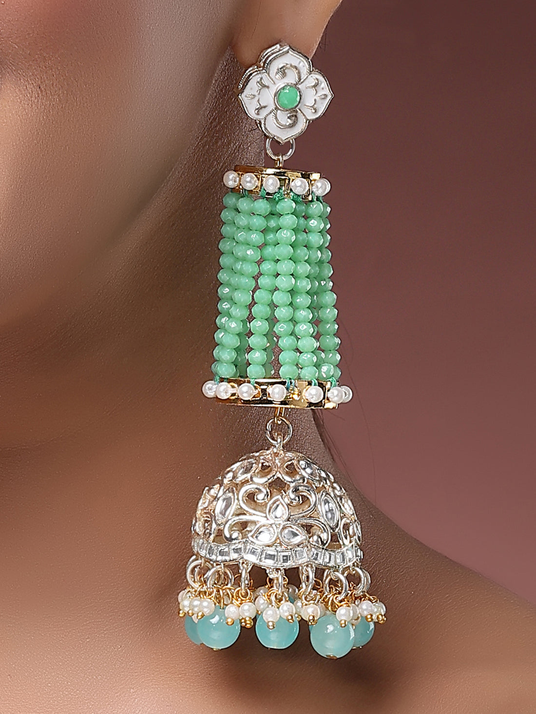 Karatcart Gold Plated Light Green Crystal Jhumki Earrings for Women