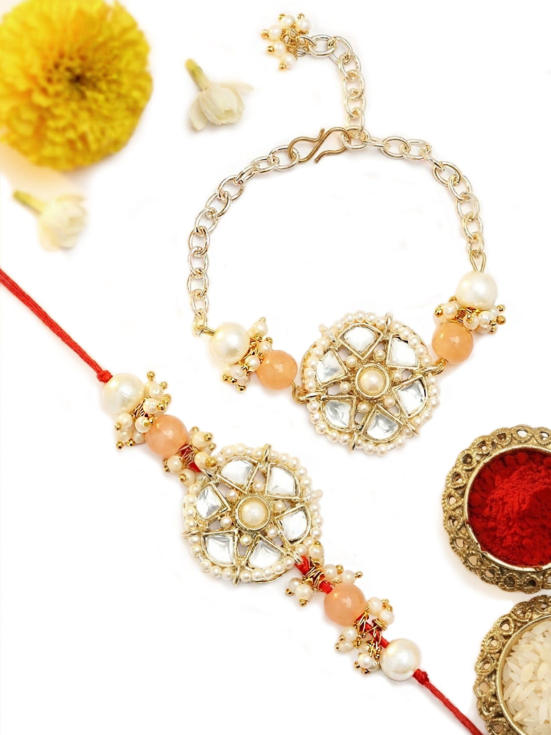 KARATCART Peach Beads Floral Shape Handmade Kundan Bhaiya Bhabhi Rakhi with Roli & Chawal