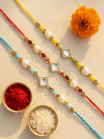 KARATCART Set of 3 Yellow Red & Blue Beaded Square Kundan Rakhi for Brother with Roli & Chawal