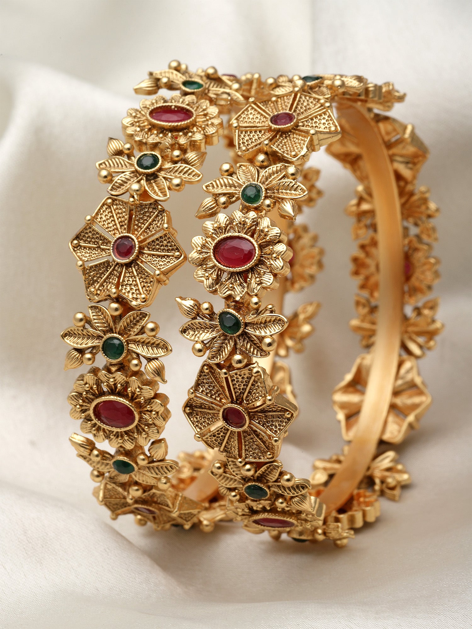 Karatcart Antique Gold Plated Red and Green Stone Floral Set of 2 Bangles for Women