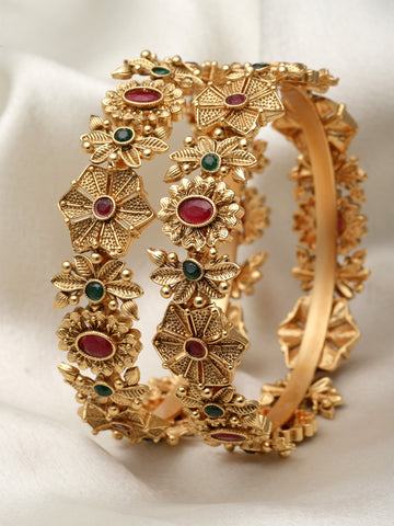 Karatcart Antique Gold Plated Red and Green Stone Floral Set of 2 Bangles for Women