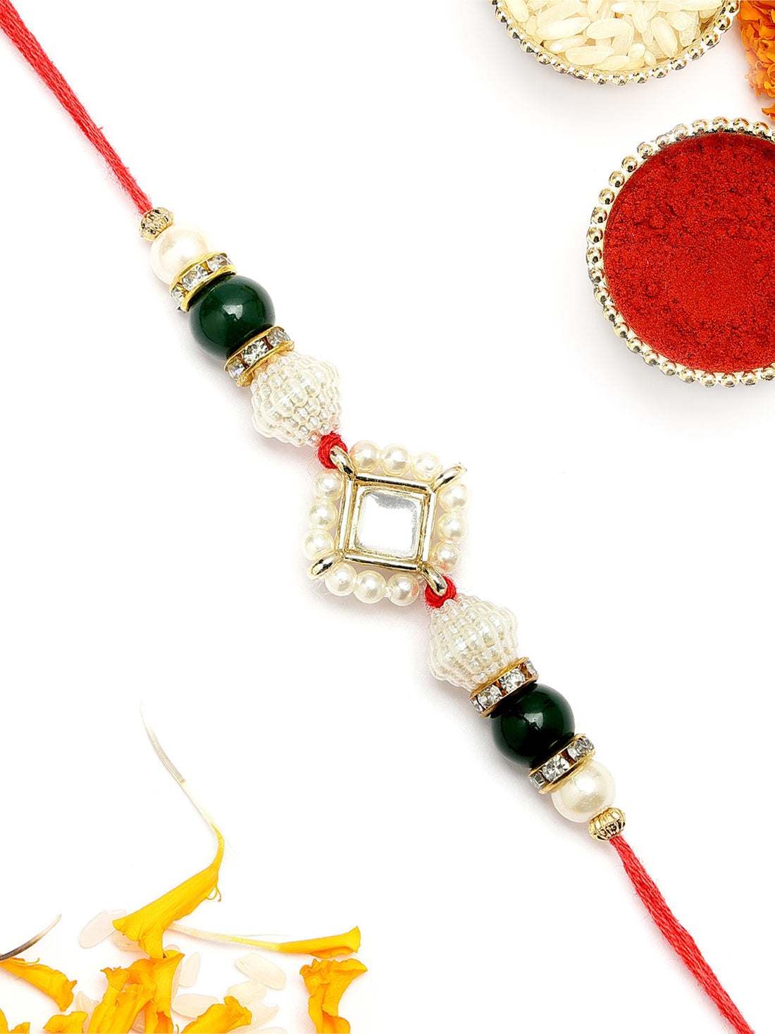 KARATCART Classic Gold Plated Green Beads Handmade Kundan Rakhi for Brother with Roli & Chawal