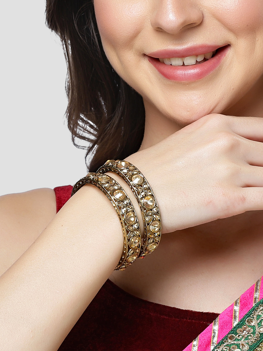 Karatcart Set of 2 Antique Gold Plated Floral Golden Kundan Studded Bangles for Women