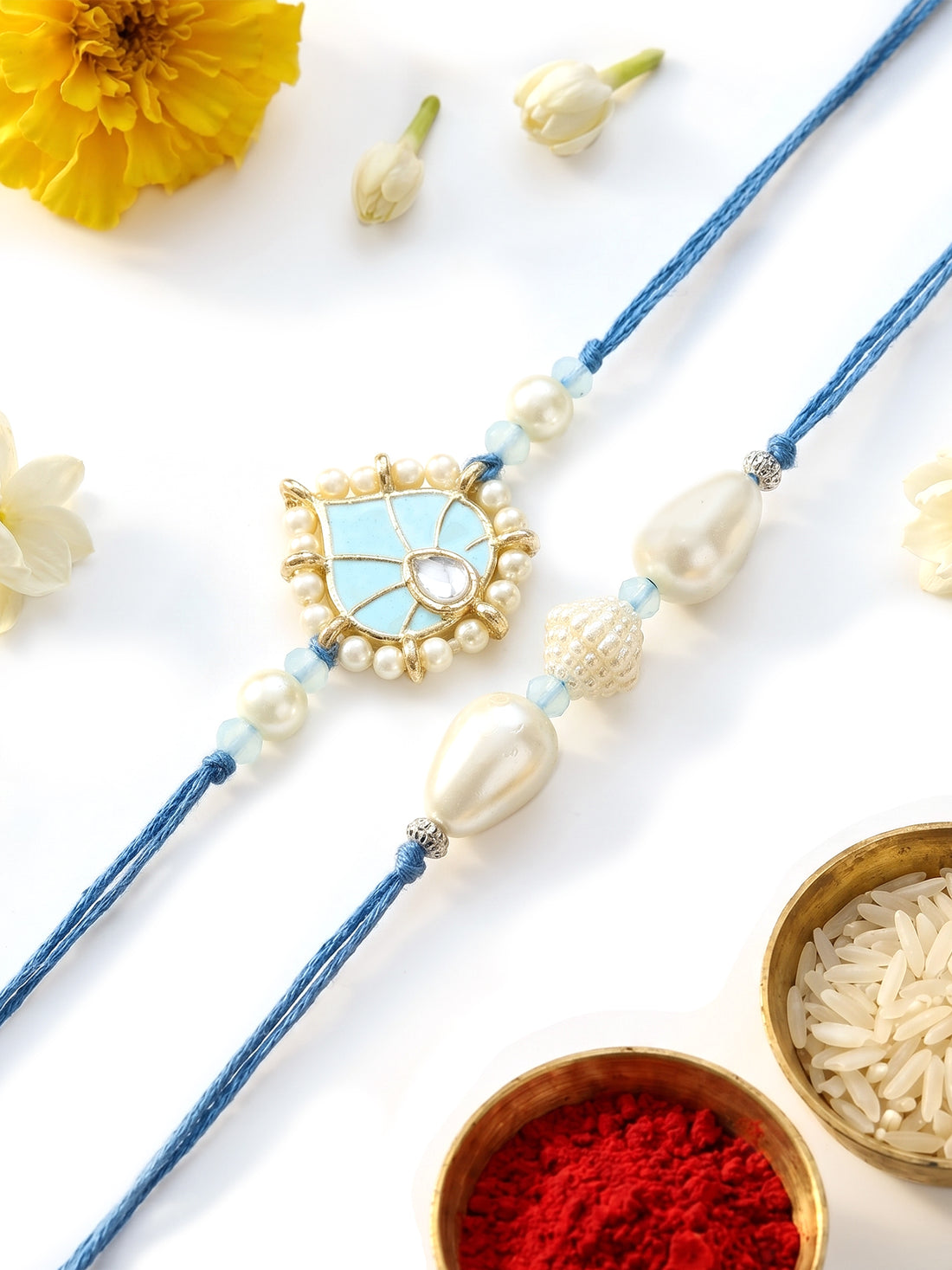 KARATCART Set of 2 Light Blue Heart Shape Handmade Kundan Rakhi for Brother with Roli & Chawal