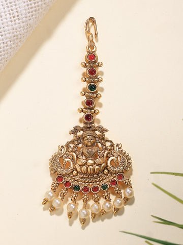 Karatcart Traditional Gold Plated Temple Style Lakshmi Maang Tikka with Pearl Drops