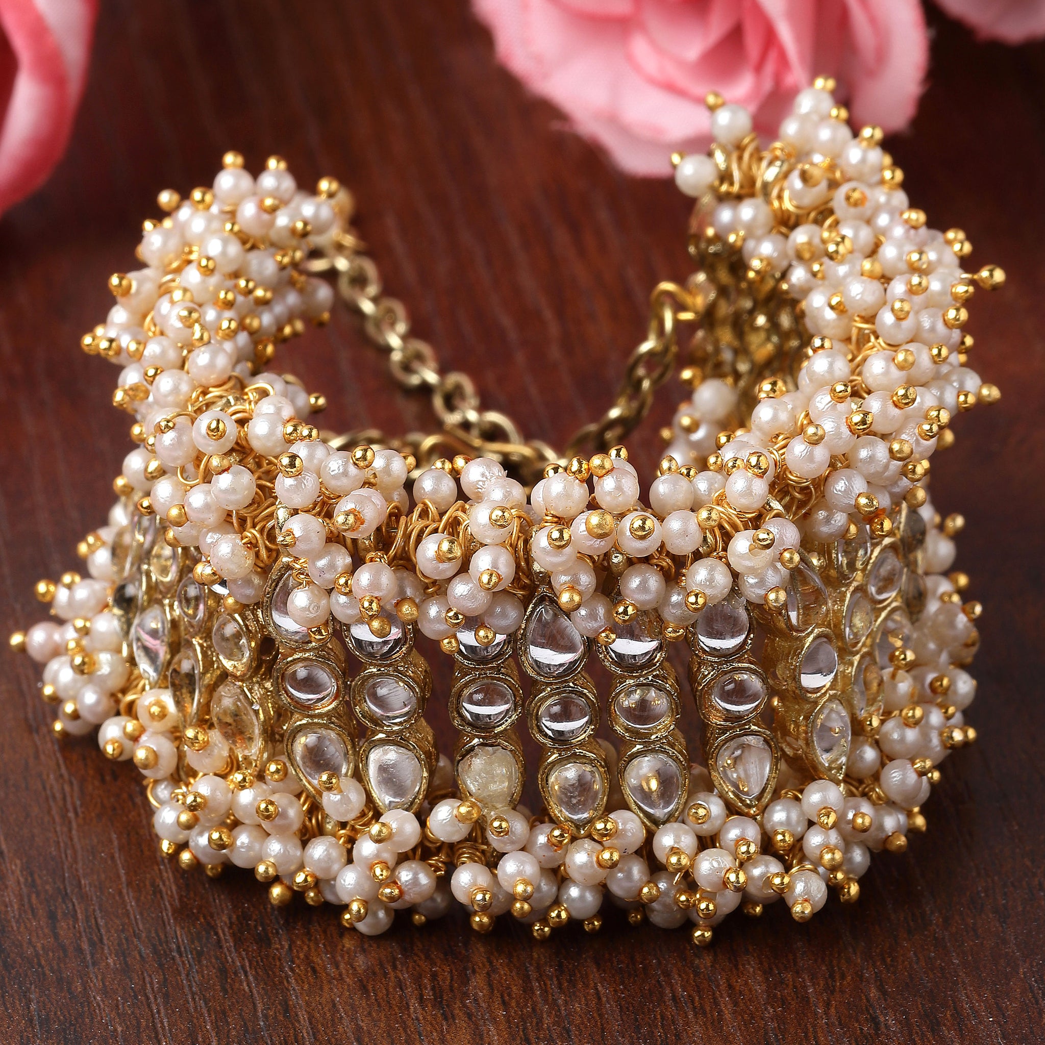 Karatcart Gold-Plated Pearl Beaded Kundan Bracelet for Women