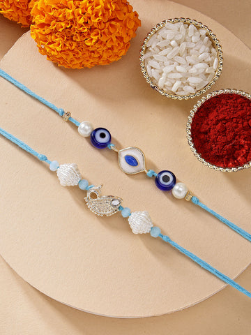 KARATCART Set of 2 Handmade Meenakari Evil Eye and Fish Kundan Rakhi for Brother with Roli & Chawal