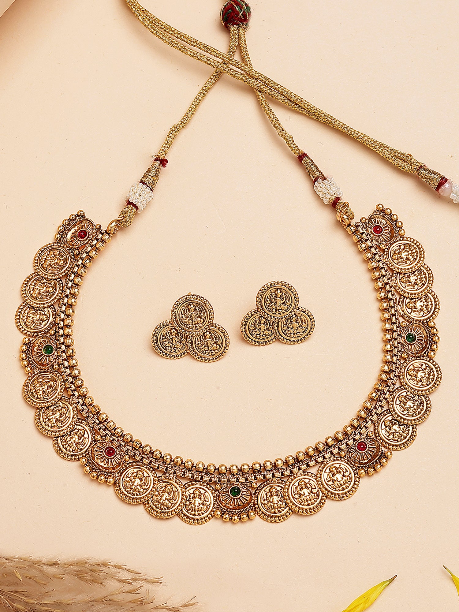 Karatcart Gold Plated Laxmi Mata Engraved Coin Design Temple Jewellery Set for Women