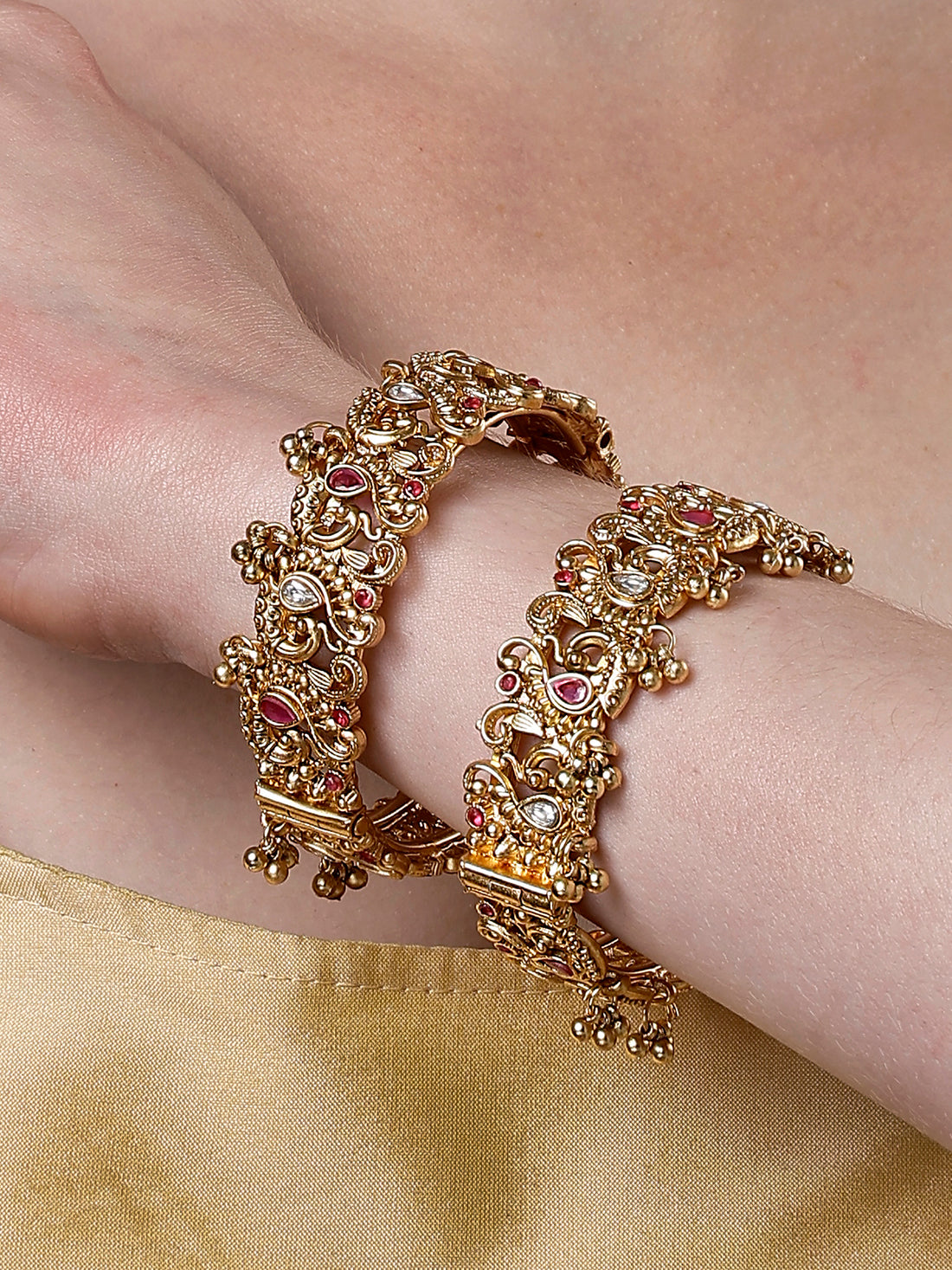 Karatcart Set of 2 Gold Plated Round Peacock Design Bangles for Women