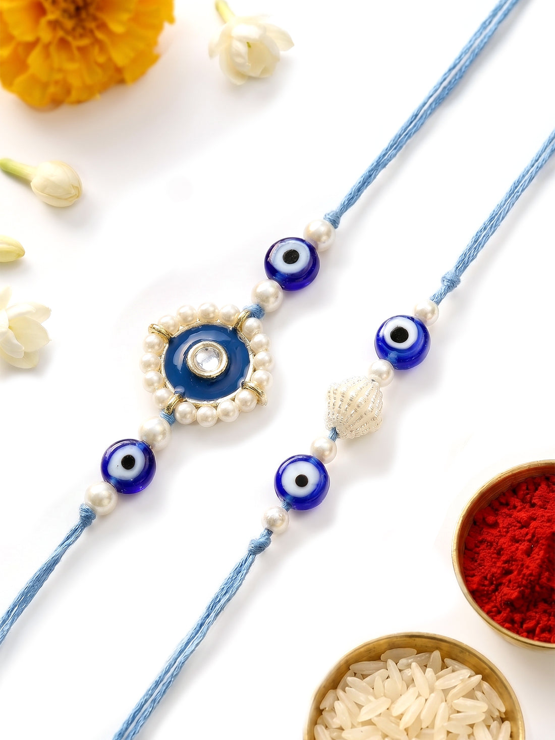 KARATCART Set of 2 Blue Meena Evil Eye Handmade Kundan Rakhi for Brother with Roli and Chawal