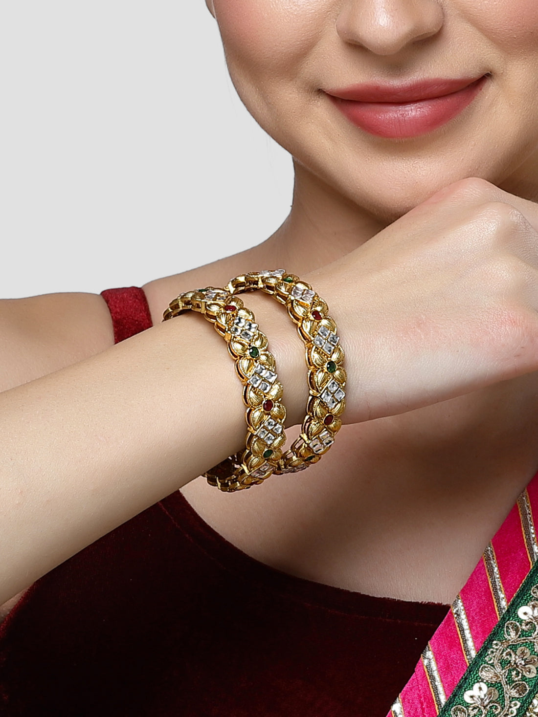 Karatcart Antique Gold Plated Floral Design Multicolor Stone Studded Bangles for Women