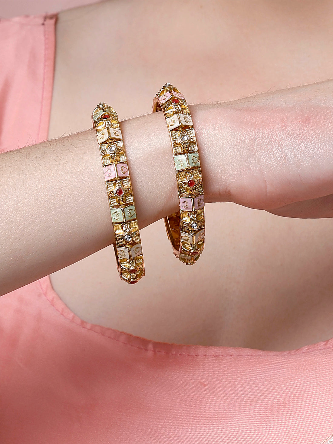 Karatcart Set of 2 Gold Plated Multi Color Meena Floral Bangles for Women
