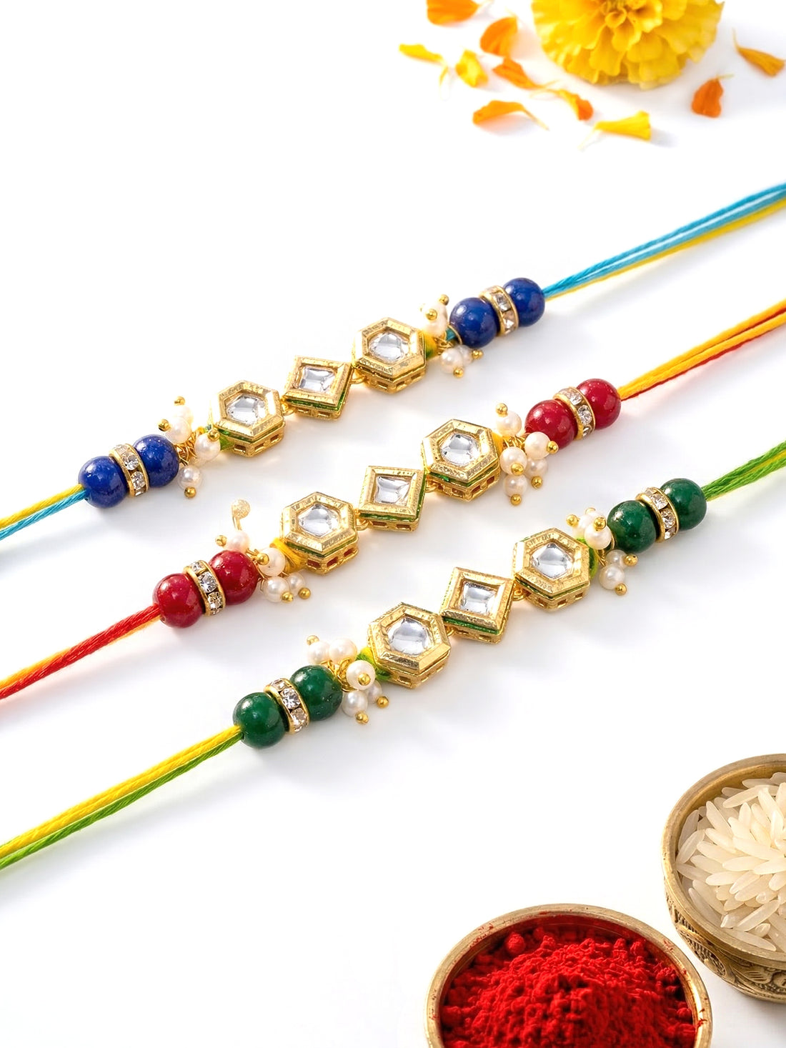 KARATCART Set of 3 Multicolor Beads Designer Polki Kundan Rakhi for Brother with Roli & Chawal