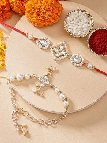 KARATCART Gold Plated Floral Design Pearl Handmade Kundan Bhaiya Bhabhi Rakhi with Roli & Chawal
