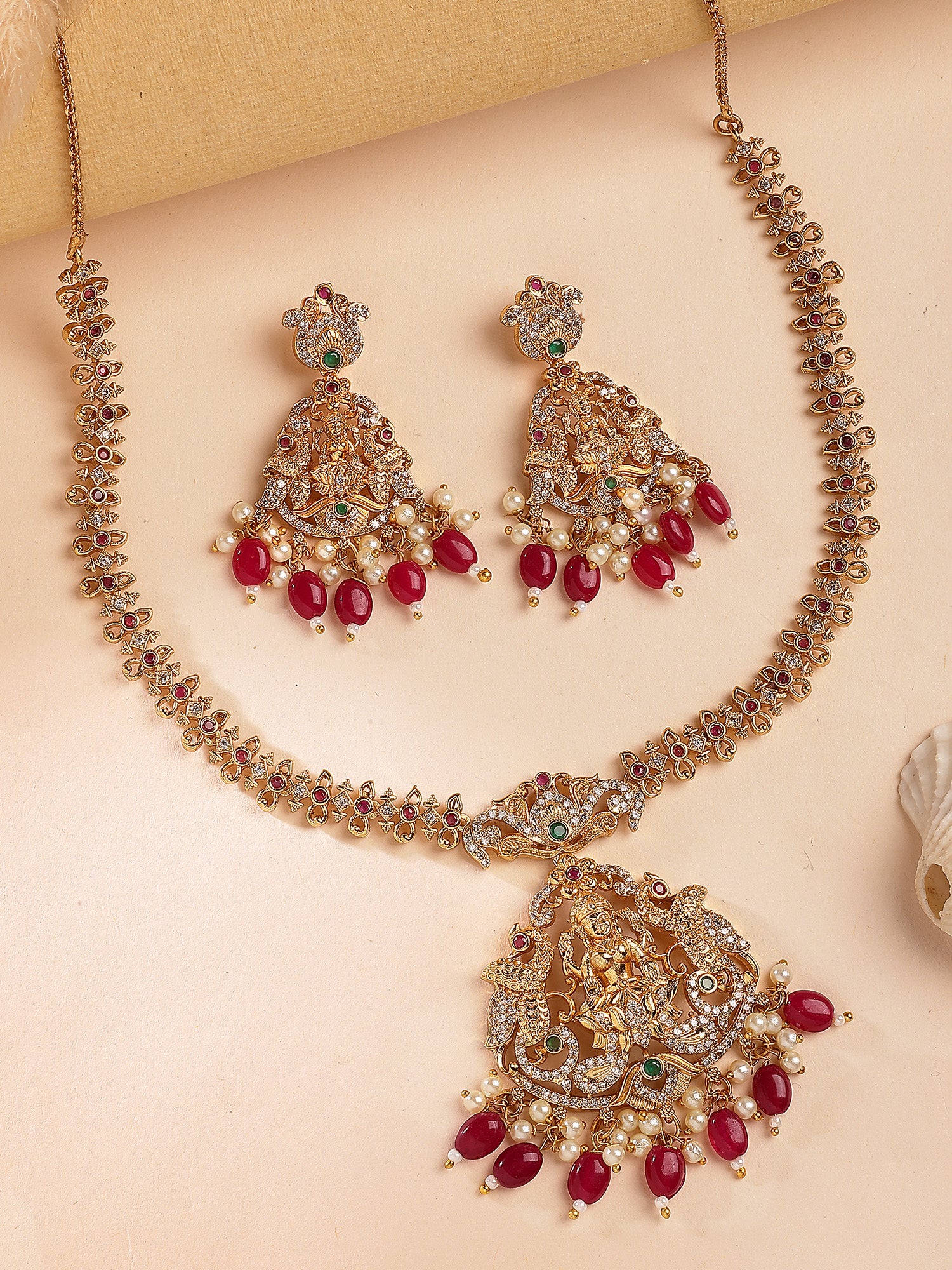 KARATCART Traditional Gold Plated Red Stone Laxmi Mata Temple Jewellery Set for Women