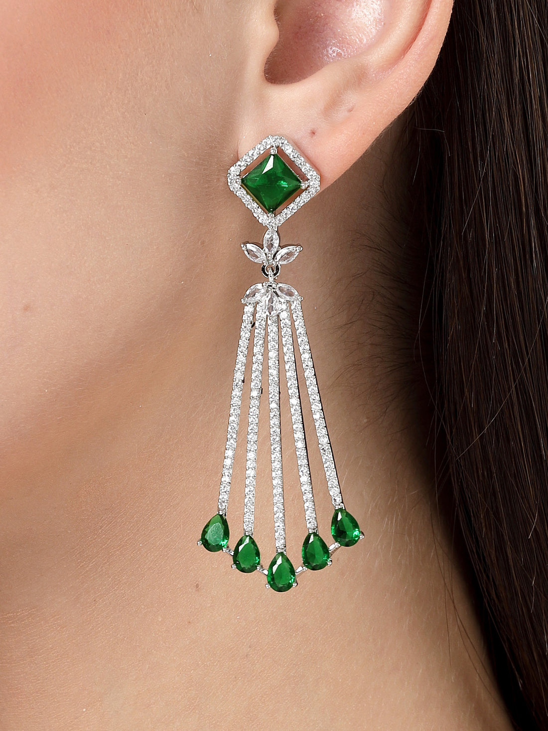 Karatcart Elegant Green and White American Diamond Fan-Shaped Drop Earrings