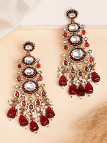 Karatcart Traditional Gold-Plated Red Beaded Kundan Earrings for Women